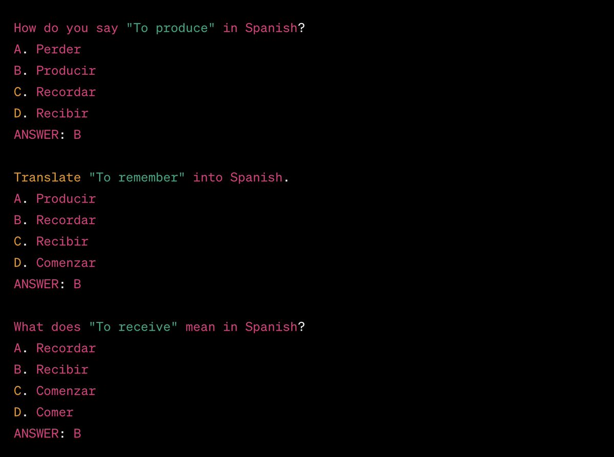 ChatGPT can create Multiple Choice Questions in the Aiken format for use in Moodle. For example, 50 spanish verb questions in two minutes from prompt to delivery to learners #GenAI #TEL #Moodle #Aiken #rapiddevelopment