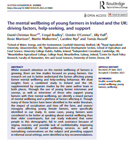 An interesting new farmer wellbeing paper entitled 'The mental wellbeing of young farmers in Ireland and the UK: driving factors, help-seeking, and support' has recently been published in the Scottish Geographical Journal. 
See here: tandfonline.com/doi/full/10.10…
🇮🇪🇬🇧