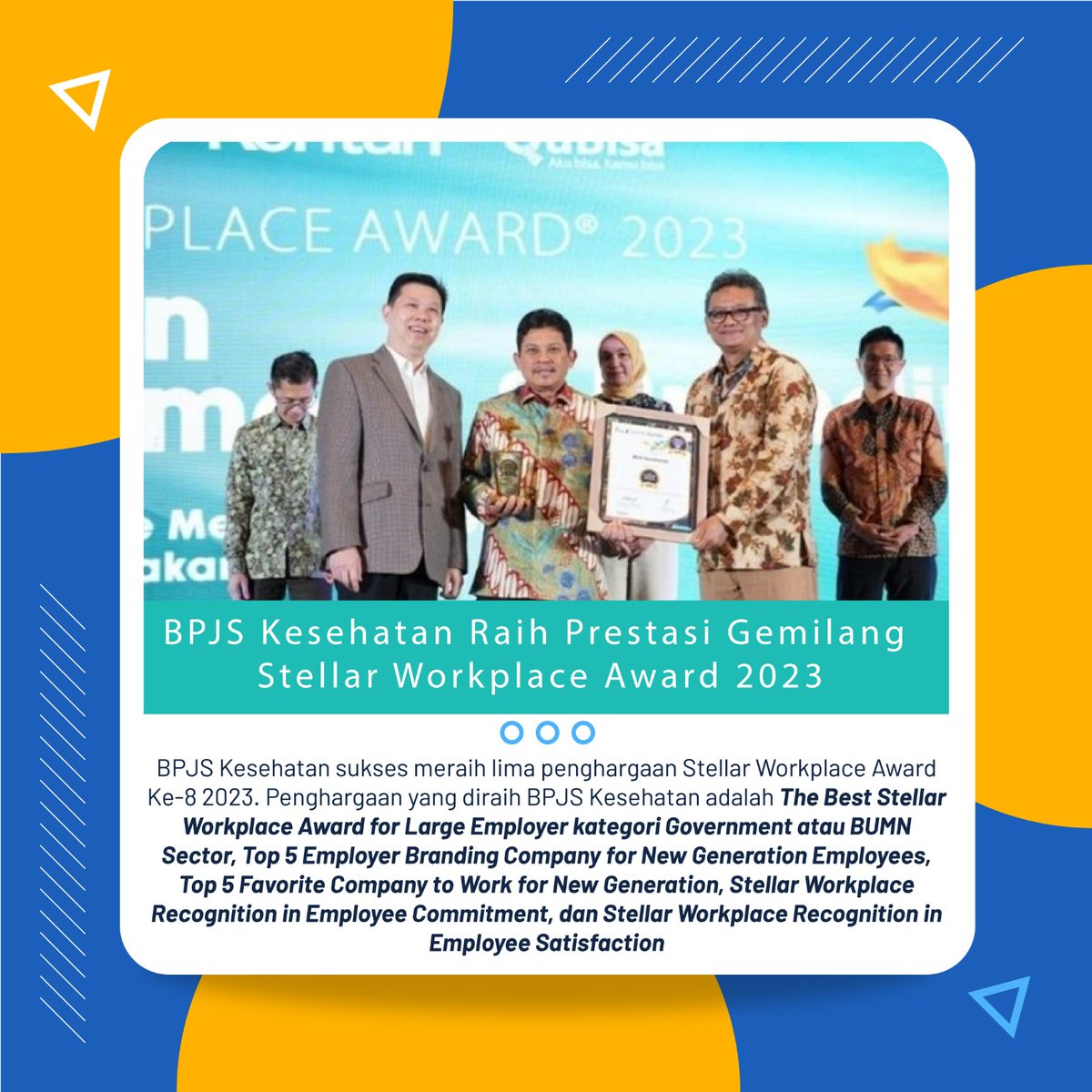 Nggak ragu deh dgn kinerja BPJS Kesehatan yg makin kesini makin oke. Makanya bisa meraih Stellar Workplace Award 2023. Selamat ya ...