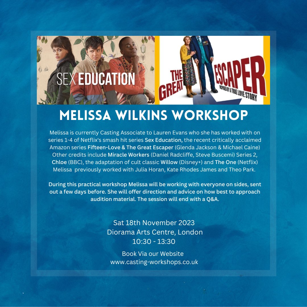Don’t miss our workshop with Melissa Wilkins this Saturday. Melissa was the Casting Associate on Sex Education. We’re always thrilled to welcome her as she doesn’t do workshops very often and her sessions are always fun, relaxed & informative. Book now: casting-workshops.co.uk
