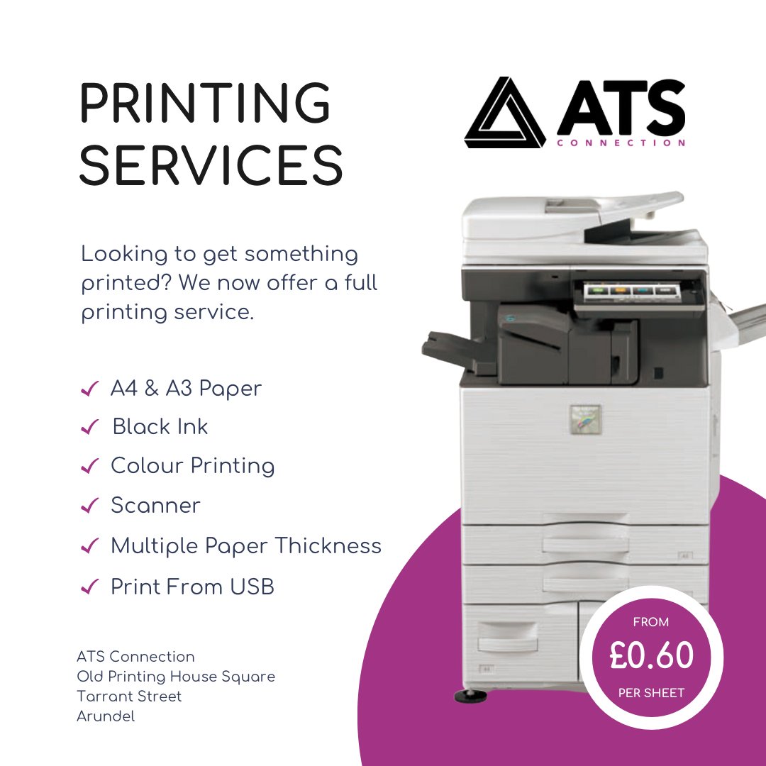 🎉 Printing Services Now Available! 🌟 

Available from the unbeatable price of just 60p per sheet! Whether it's for business or personal use, make a lasting impression with every print. 🖨️💼🎨 

#PrintPerfection #ATSConnection #PrintServices #Arundel #Printing