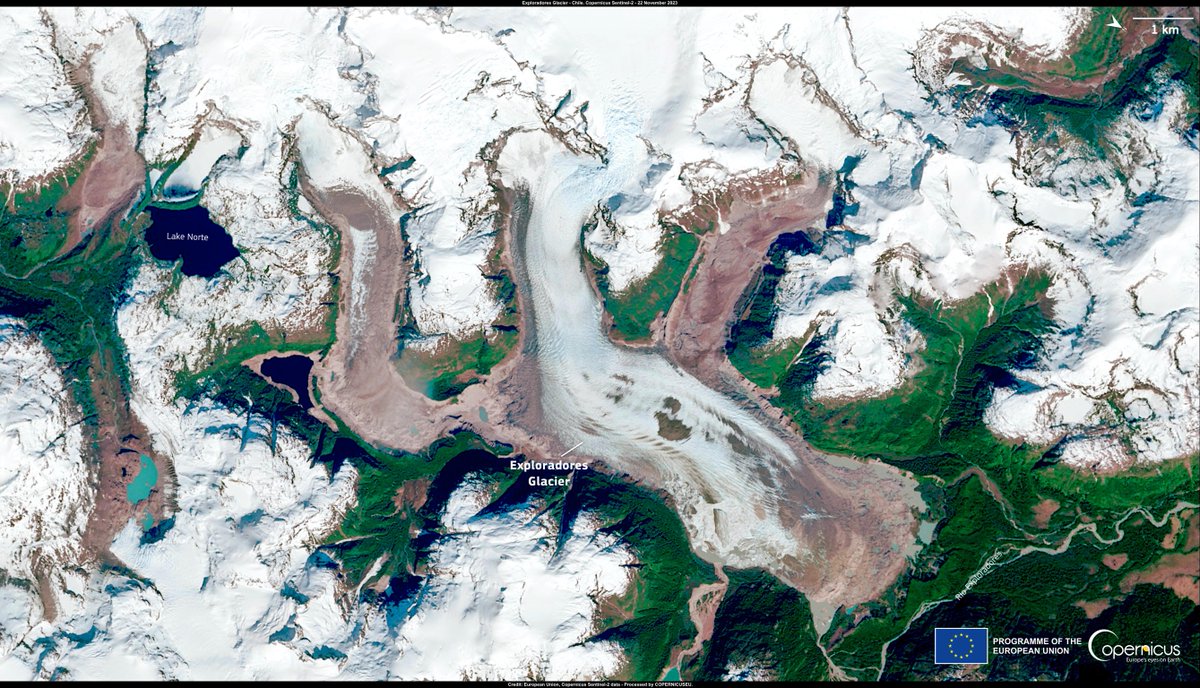 #ImageOfTheDay The Exploradores is a glacier in #Chile, famous for its towering ice formations and the many ecotourism activities it offers It was recently closed by the local authorities due to the dangerously unstable condition of the ice sheet #Sentinel2 image of 22 October