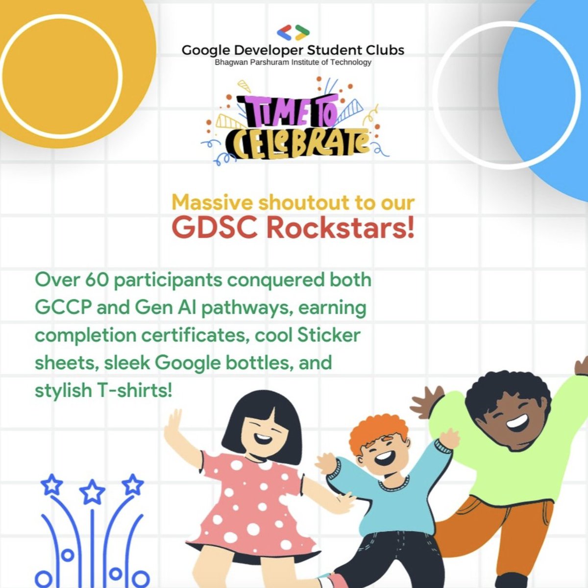 GdscBpit's tweet image. Celebrating Tier 2 🏅 in Google Cloud Study Jam!
Massive shoutout to our GDSC rockstars 🌟 Over 60 participants completed both GCCP and Gen AI pathways, earning completion certificates, cool Sticker sheets, sleek Google bottles, and stylish T-shirts!
#GoogleCloudStudyJam #GDSC