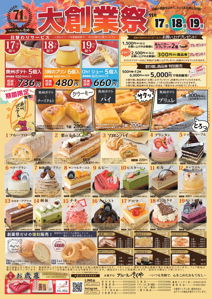 ☆大創業祭☆11月17・18・19日の3日間!!
日替わり特別価格商品や、奥州ポテトとコラボ商品を限定で販売いたします(*^^*)1500円以上ご購入の方へあんバタースフレサンドを２つプレゼント!!皆様のご来店をお待ちしております♪（盛岡店とは商品が異なりますのでご注意下さい）
#フルールきくや　#創業祭