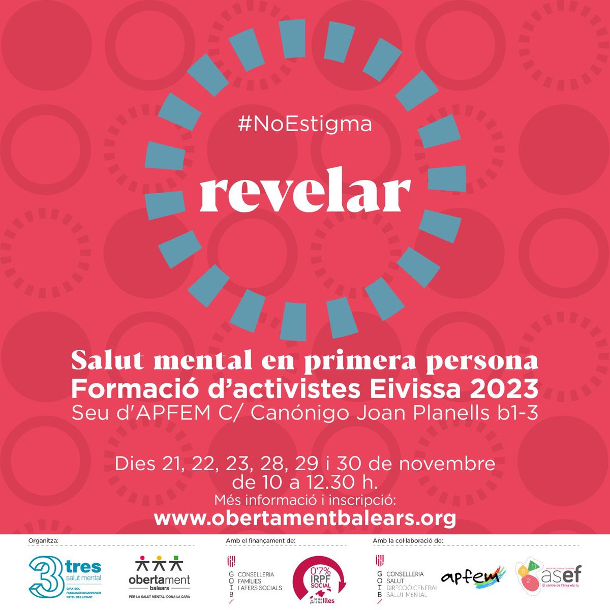Formació d’activistes #EnPrimeraPersona #EnSalutMental aquest mes de novembre a Eivissa 
👉 Més info i inscripció a: obertamentbalears.org
#NoEstigma #ObertamentBalears #IRPFSocial @GOIB_Social @OSMIB_IBSalut @APFEM @SalutGOIB