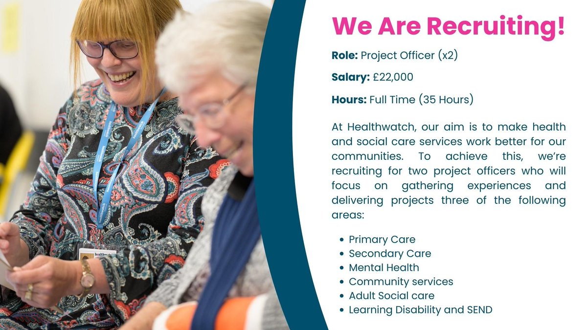 We're recruiting for two Project Officers who will plan and deliver activities to help identify and remedy issues within local health and social care services. If you're looking for something which makes lasting difference, please find out more: 

buff.ly/34goaS6