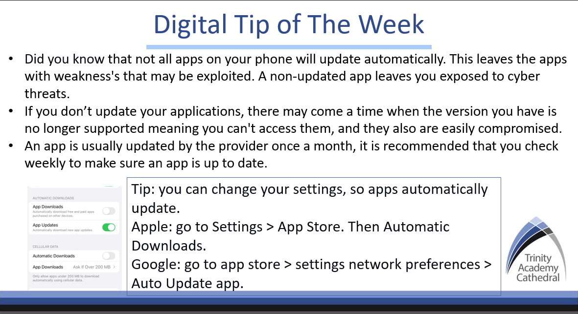 ComputingTac's tweet image. This weeks Digital Tip of The Week here at TAC focuses on the importance of keeping apps up to date so that they are fully secure. Have you checked your apps recently? #TAC #DigitalTip #Computing