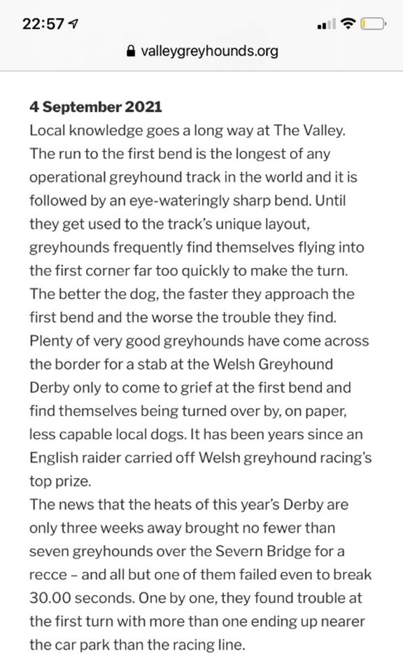 5. 'Helping to correct inaccuracies in the Senedd'. Does this include the denial that Valley track is an inherently dangerous track, with boasts of an 'eye-wateringly sharp bend' where dogs frequently 'come to grief.' #CutTheChase