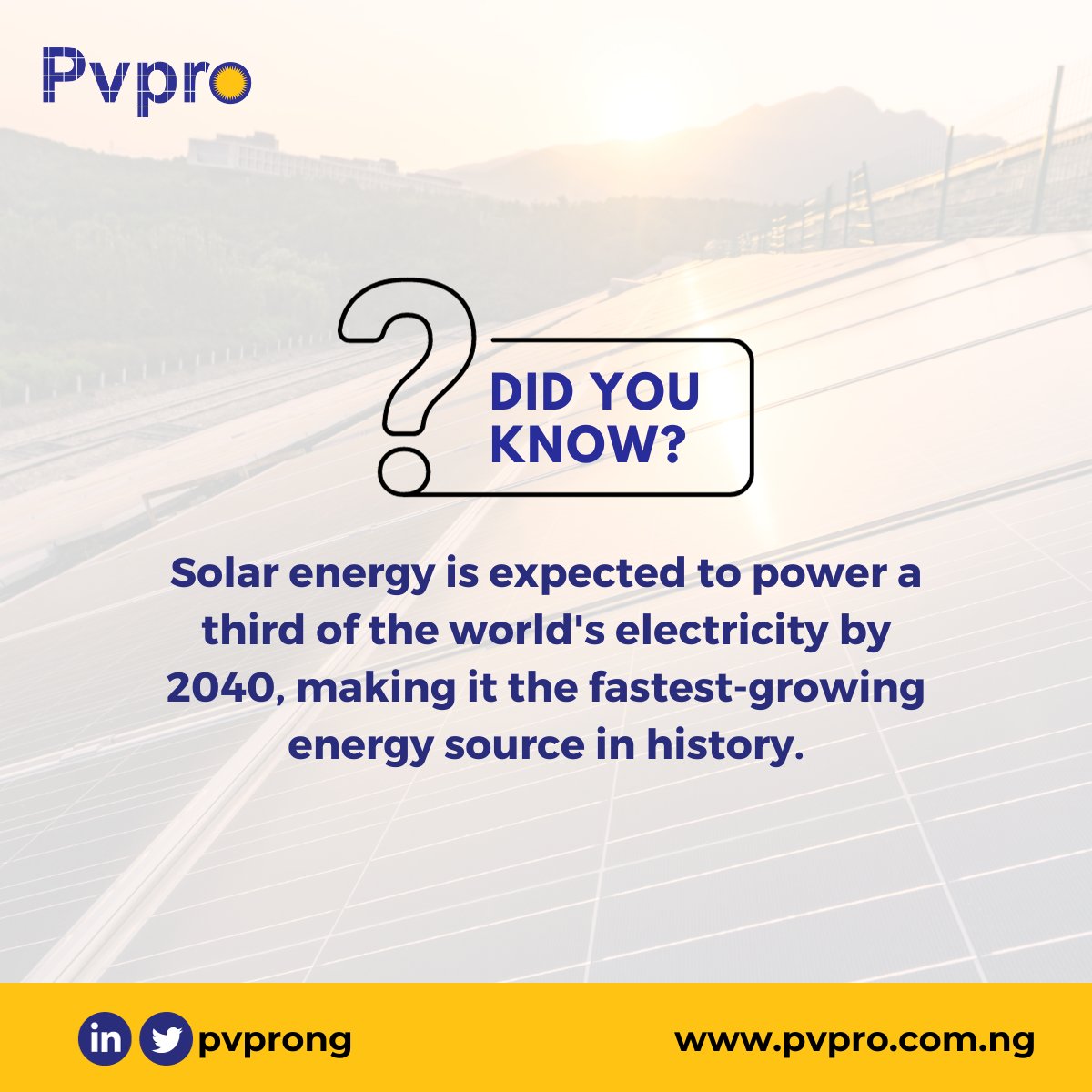 Pvproenergy's tweet image. Did you know?

Solar energy is expected to power a third of the world&apos;s electricity ⚡ by 2040, making it the fastest growing energy source in history. 

Join the renewable train today. 
#solarpower #energysolution #energysource 100 naira #SolarEnergy Lagos Maitama