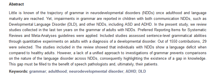 📌New Paper📌

"Grammar in Adults with Neurodevelopmental Disorders: A Scoping Review from the Last 10 Years"

Full Text: mdpi.com/2226-471X/8/4/…
Related Special Issue: mdpi.com/journal/langua…