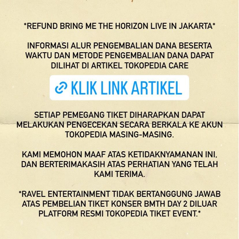 XtremeMerch's tweet photo. Info terbaru dari Ravel Entertainment mengenai informasi refund Bring Me The Horizon di Jakarta. https://t.co/VJ1B1kMqP4