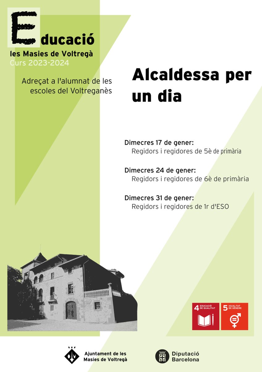 Aquest mes iniciem les sessions #AlcaldessaPerUnDia , un projecte posat en marxa el curs 2017-18 on els regidors i regidores del #ConsistoriInfantil participen durant una jornada de l'experiència de ser alcalde o alcaldessa

#lesMasiesdeVoltregà #LMV #EducacióLMV
