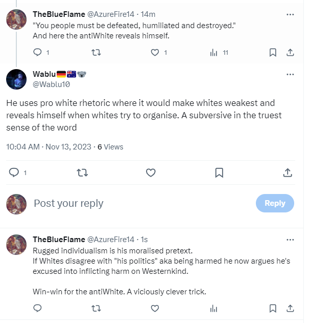 AzureFire14's tweet image. If you understand the trick of pretextual moralising by antiWhites it will not matter what they come up with or who they pose as or who they are.
You can detect it every time.
And if they expose themselves with a threat of violence that's all the more confirmation.