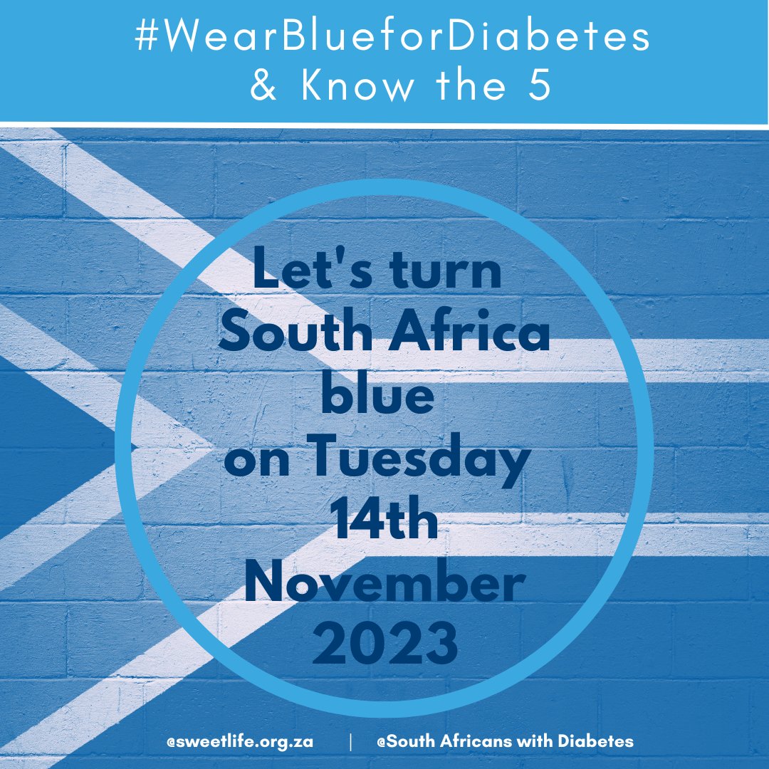 What are you wearing tomorrow?
Please #WearBlueforDiabetes &amp; Know the 5 symptoms!
1. Needing to pee
2. Thirst
3. Hunger
4. Weight loss
5. Exhaustion

Find out more at sweetlife.org.za/wearbluefordia…

<a href="/helga_nefdt/">Helga Nefdt</a> <a href="/Salihhendricks/">Salihhendricks</a>