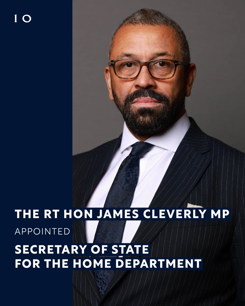 The Rt Hon <a href="/JamesCleverly/">James Cleverly🇬🇧</a> MP has been appointed Secretary of State for the Home Department <a href="/ukhomeoffice/">Home Office</a>