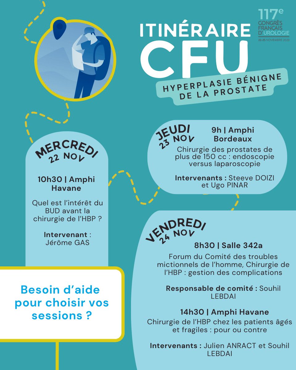 Association Française d'Urologie - AFU (@afurologie) on Twitter photo Itinéraire #CFU2023 - Hyperplasie bénigne de la prostate 🔎 
Cette semaine focus sur les sessions HBP avec Jérôme GAS, Steeve DOIZI, <a href="/ugopinar/">Ugo Pinar</a>, <a href="/LebdaiSouhil/">Lebdai Souhil</a> et Julien ANRACT.
Rendez-vous dans 9 jours pour le Congrès Français d'#urologie ! Itinéraire #CFU2023 - Hyperplasie bénigne de la prostate 🔎 
Cette semaine focus sur les sessions HBP avec Jérôme GAS, Steeve DOIZI, <a href="/ugopinar/">Ugo Pinar</a>, <a href="/LebdaiSouhil/">Lebdai Souhil</a> et Julien ANRACT.
Rendez-vous dans 9 jours pour le Congrès Français d'#urologie !