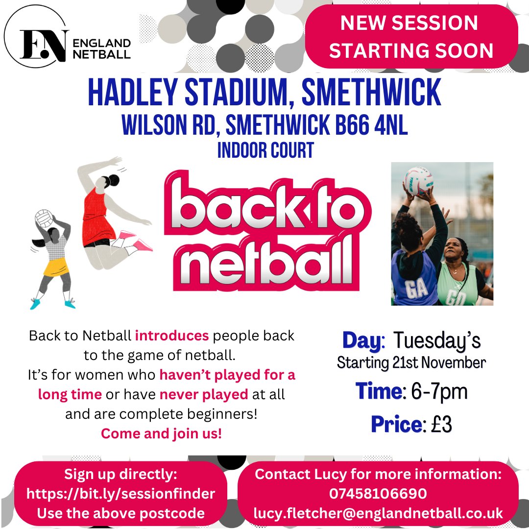 Want to get back into the game you used to love?

Join us at our new Back to Netball session to learn some skills and have some fun!
Details on the picture.

Sign up here: bit.ly/Hadley-B2N
Get in touch if you've got any questions!
