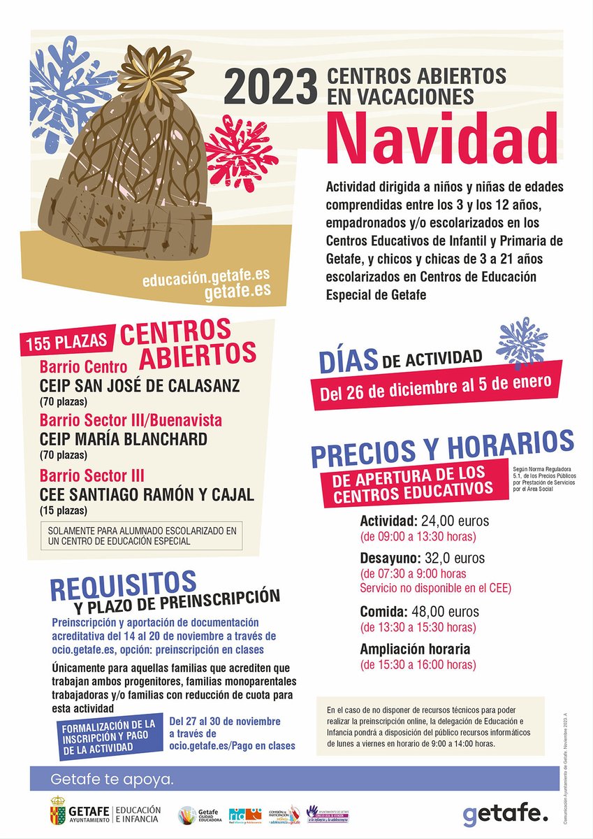 #Getafe abre el plazo de preinscripción en los Centros Abiertos en Vacaciones de Navidad 2023.

🗓️ Del 14 al 20 de noviembre
💻 ocio.getafe.es

Más información 👇
getafe.es/getafe-abre-el…