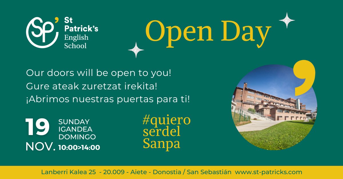 🏫 Ven a conocernos el 19 de noviembre. 

🕙 Nuestras puertas estarán abiertas de 10:00h a 14:00h.

#OpenDay #AteIrekiak #PuertasAbiertas
#TogetherShapingTheFuture
