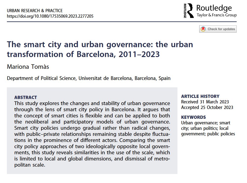 New research paper published by Mariona Tomàs (@mariona_tomas)
tandfonline.com/doi/full/10.10…
#UrbanGovernance #SmartCity #UrbanPolitics #LocalGovernment #PublicPolicies