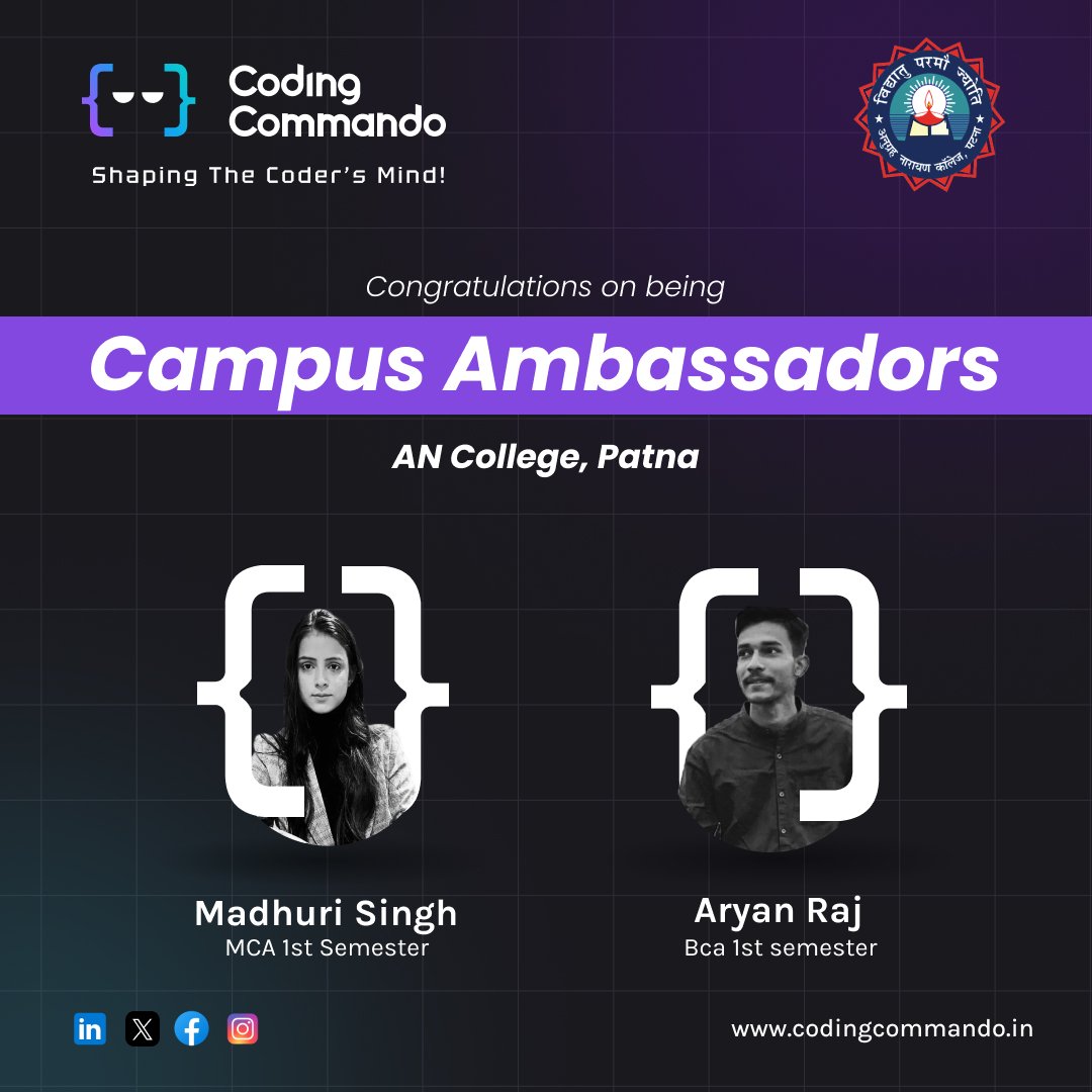 Coding_Commando's tweet image. Congratulations to Ms. Madhuri Singh & Mr. Aryan Raj on becoming the campus ambassadors of Anugrah Narayan College at Coding Commando Community.
Enroll for the course now & learn about hot skills and market opportunities, Best wishes to all.
#codingcourse #codingcommando