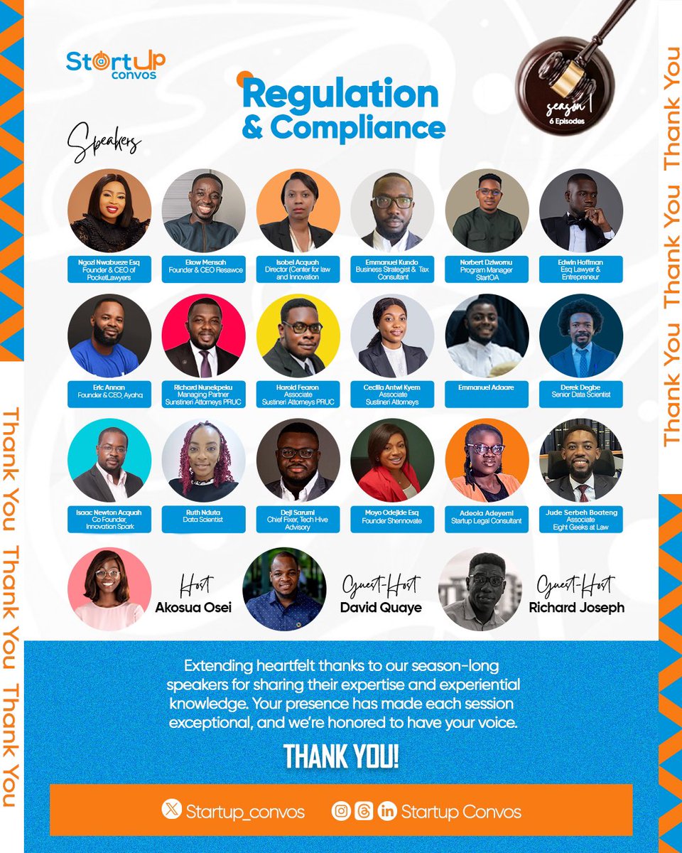 We are stunned at our line up of speakers for our very first season🔥🤩

It’s an honor to have all of this representation 👩🏽‍⚖️👨🏾‍⚖️

Join us say thank you?🥹

#startupconvos #startupwisdom #tech #law #Ghana #Nigeria