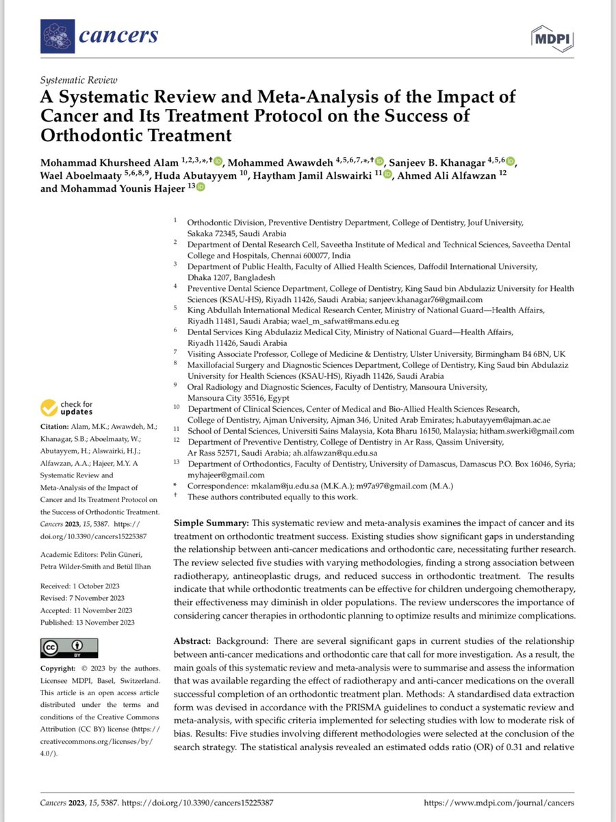 DrMohammadKhur3's tweet photo. Alhamdulillah 🦋💜 5.2 Impact

A Systematic Review and Meta-Analysis of the Impact of Cancer and Its Treatment Protocol on the Success of Orthodontic Treatment.

Link to download: https://t.co/RKqFkQB44E https://t.co/FOwAQKHNac