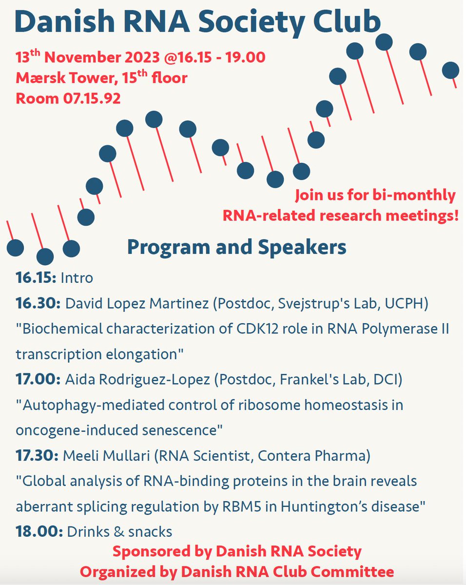 DanishRNAClub's tweet image. 📢 Join us for the RNA Club Metting this afternoon at Mærsk Tower, Room 07.15.92! 🇩🇰👩🔬🎙️👨🔬We have three exciting talks from @davidlopmar, @AidaRolo and Meeli Mullari followed by drinks and snacks 🍻🍪