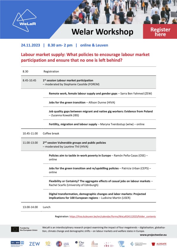 ProjectWeLaR's tweet photo. 🗣️Join us at the WeLaR Workshop on Labour Market Supply at @HIVA_KULeuven! We will explore policies that encourage labour market participation &amp; ensure that no one is left behind
🗓️Nov 24, 8:30-2:00, Leuven &amp; online
🔗register: https://t.co/AeJXcAaXNT https://t.co/tDa7idn5uC