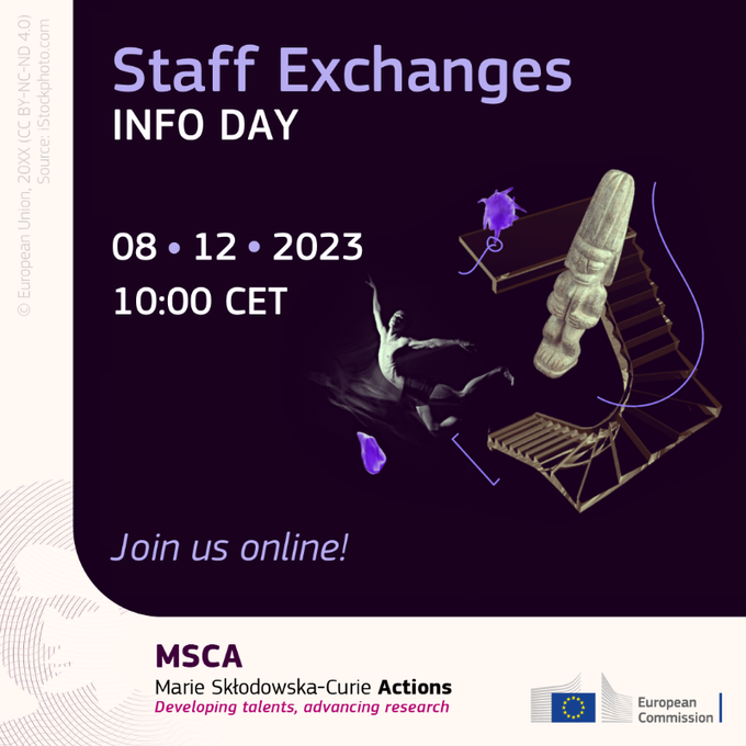 📢 The 2023 #MSCA #StaffExchanges call for proposals has opened on 5 October.

🗓️ Don't forget to submit your project proposal by 28 February 2024. 

Make sure to follow the guidance we have provided on the MSCA Staff Exchanges call page:

🔗 europa.eu/!6Tkdwh