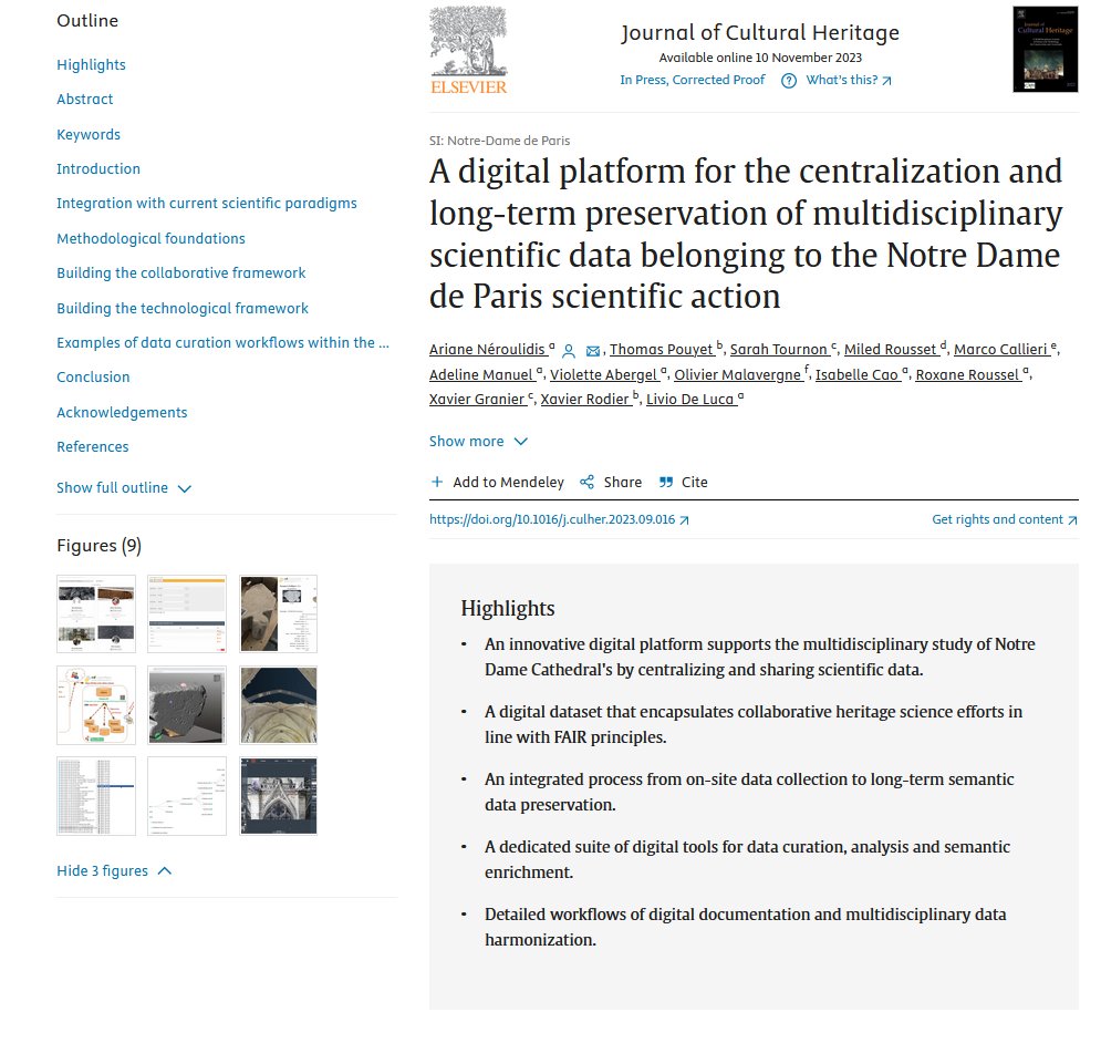 🗞️Découvrez l'article sur l’écosystème numérique pour l’analyse et la mémorisation multi-dimensionnelle du chantier scientifique Notre-Dame-de-Paris, publié dans Journal of Cultural Heritage, SI: Notre-Dame de Paris
#NotreDame
➡️bit.ly/3QzJsy3