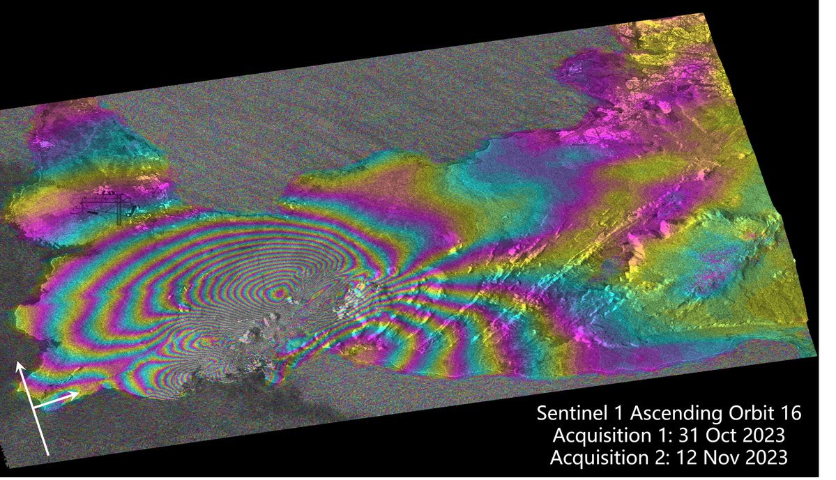 The latest Sentinel-1 interferogram has a wide range and large magnitude of deformation. The deformation in the decoherence area may be over 1 meter.#Iceland #Grindavik