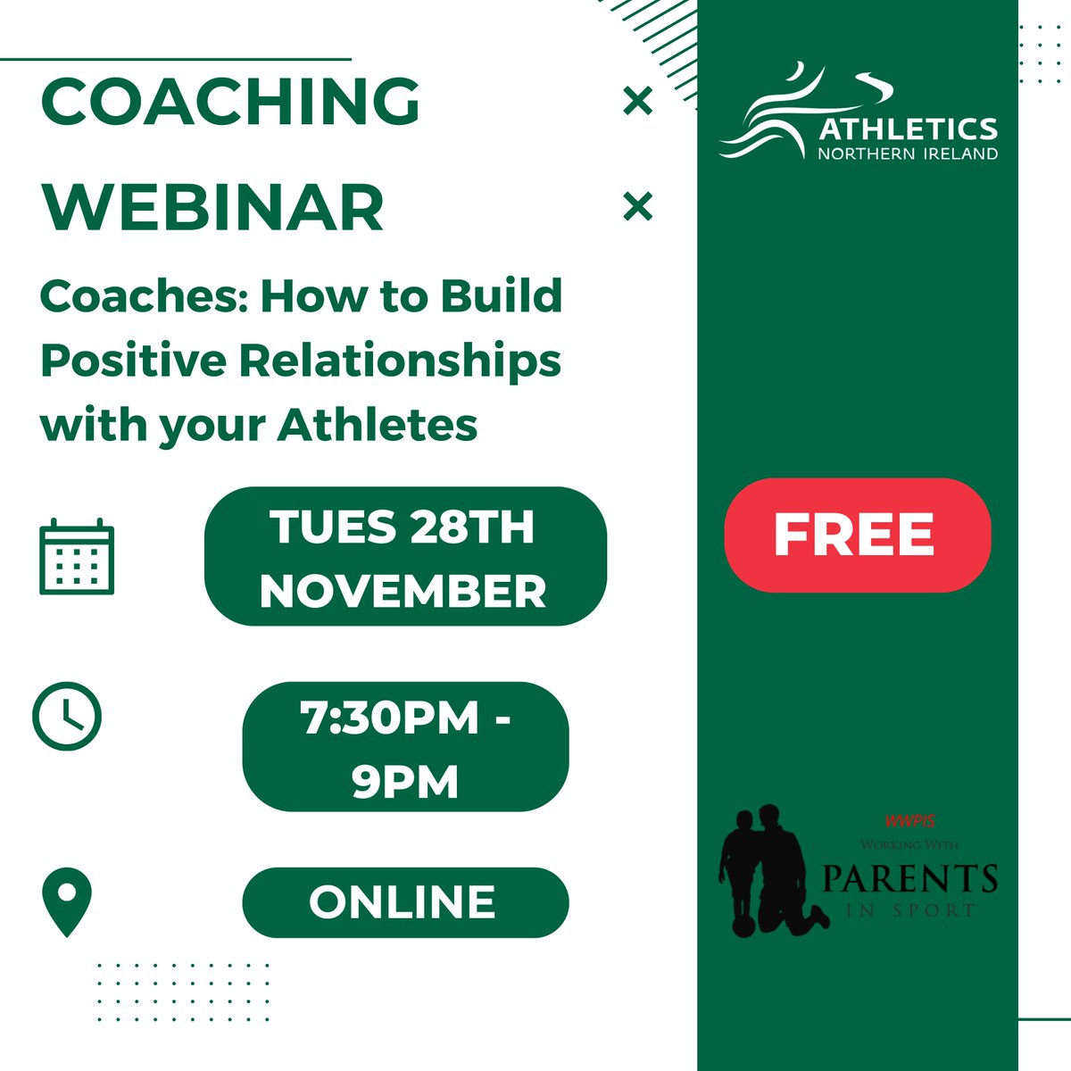 🗣️ Coaching Webinar

🔗 Strengthening Bonds: Join ANI and Working with Parents in Sport for a coaching webinar that's all about nurturing positive connections with your athletes' parents.

Don't miss out on this game-changing opportunity 👇
athleticsni.org/Coaches/Worksh…
