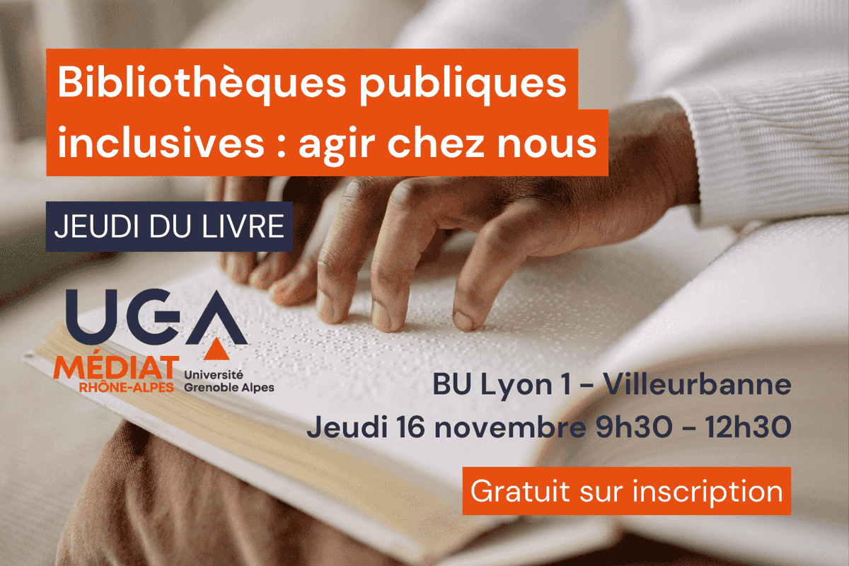 ‼️ SAVE THE DATE ‼️ 

16 novembre : Conférence sur l'#inclusion en #bibliothèque à la <a href="/BULyon1/">BU Lyon1</a> Villeurbanne

⤵️

Bibliothèques publiques inclusives : agir chez ... mediat.univ-grenoble-alpes.fr/se-former/bibl…
