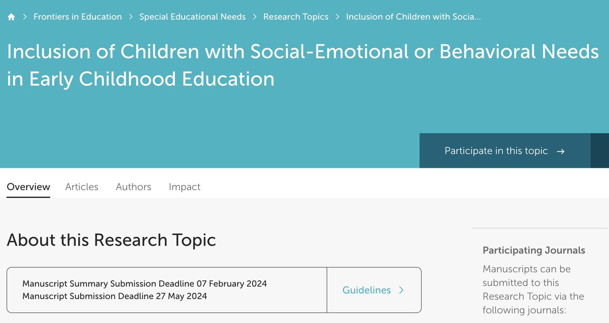 📣 New - call for papers: Frontiers in Education Research Topic Inclusion of Children with Socio-Emotional or Behavioural Needs in Early Childhood Education Manuscript summary deadline: 7th Feb 2024 tinyurl.com/3jc6wz4m