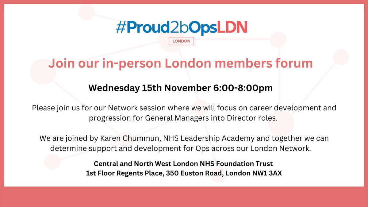 📢 We are thrilled to announce Karen Chummun will be joining our London network session on 15 November 2023. Let’s get ready for an inspiring journey of development together! #Proud2bOps #HealthcareLeadership @RebeccaTD @emmachallans @NHSEngland @NHSImprovement @chummun_karen