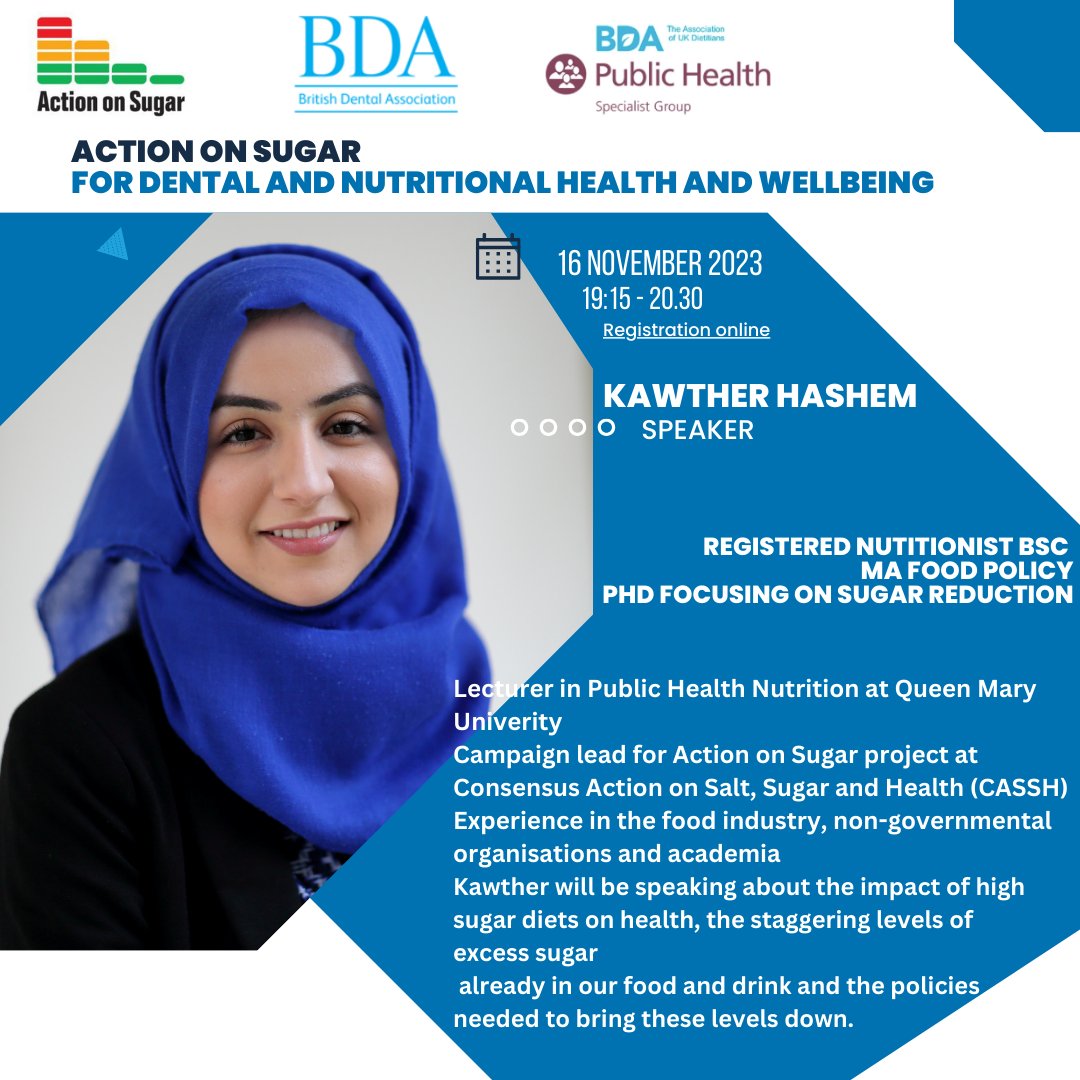 We are excited to announce @KawtherH as speaker at our joint event with @TheBDA @actiononsugar @BDA_Dietitians on 16th Nov at 19.15. To register click the link us02web.zoom.us/meeting/regist…