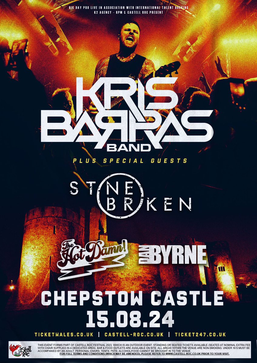 I am absolutely thrilled to announce that next August, I'll be performing at Chepstow Castle in support of the amazing Kris Barras Band with this mammoth line-up of bands including Stone Broken & The Hot Damn! in a welcome return to South Wales! 🏴󠁧󠁢󠁷󠁬󠁳󠁿 This is going to be an