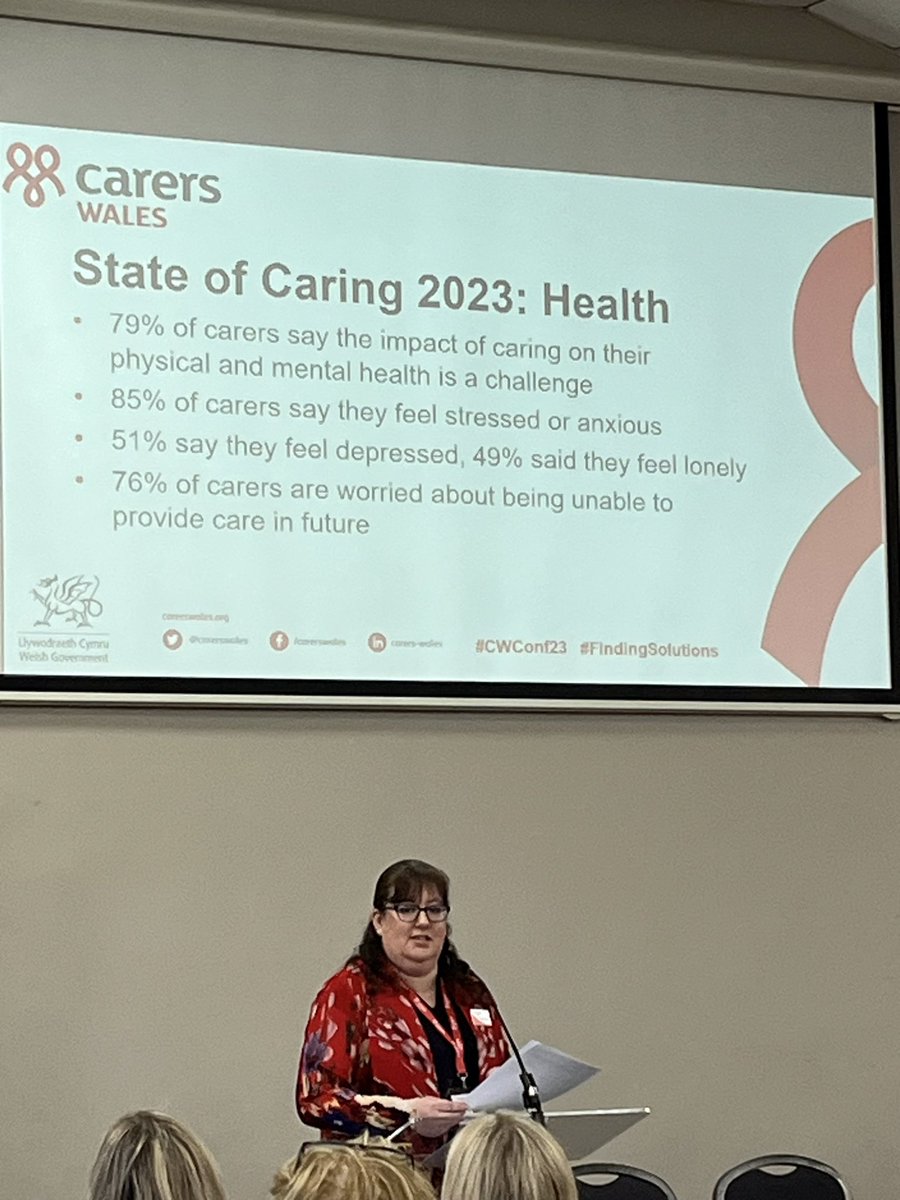 Claire gives an overview of our #StateofCaring survey results, informed by responses from over 1,000 carers in Wales. “The shortage of health and care services is placing extra pressure on carer health and well-being”. #CWConf23 #FindingSolutions.