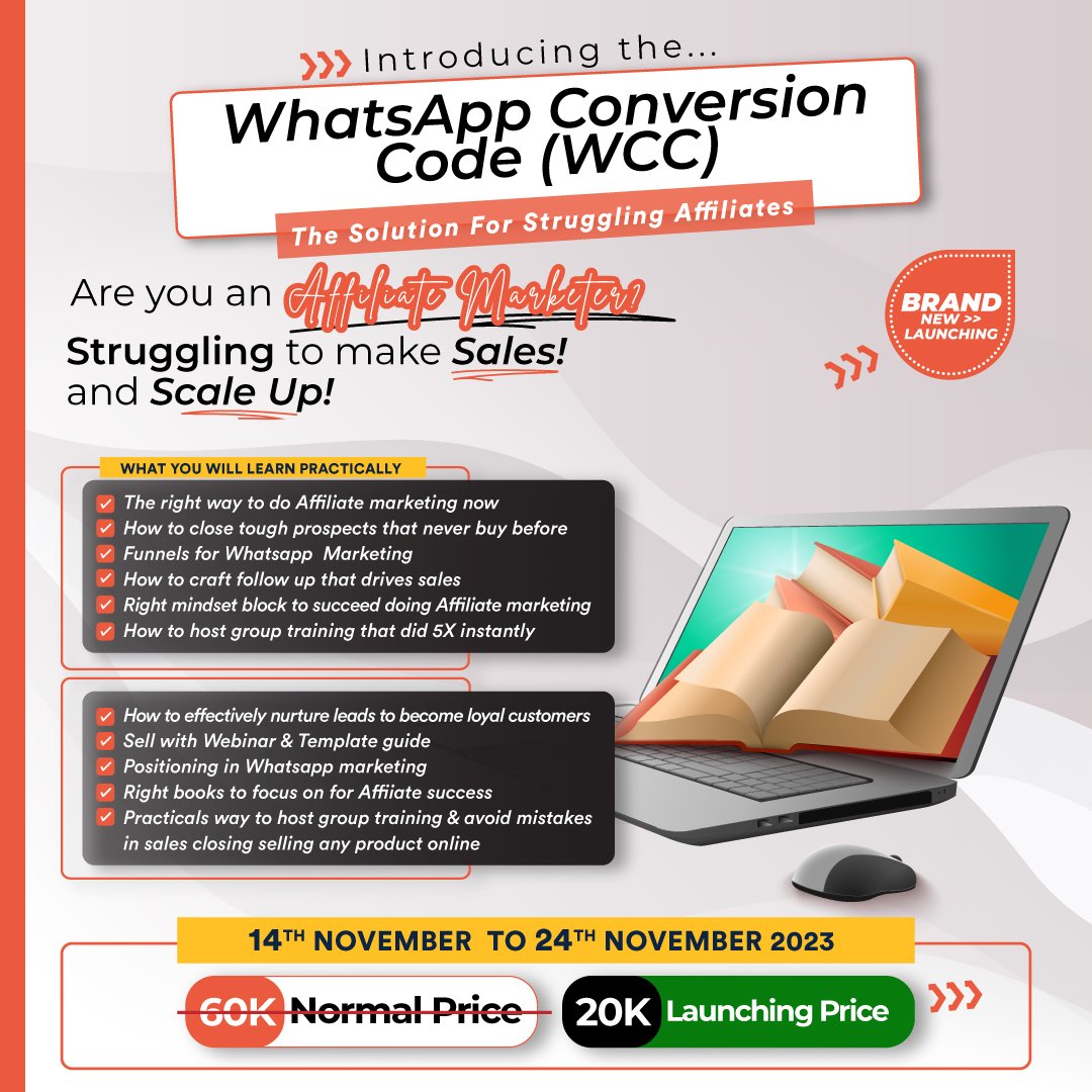 OFFICIAL LAUNCHING OF WCC TOMORROW WCC which stand for Whatsapp conversion code for Affiliate marketers will be on launching from 14TH _ 24TH Nov. on @sellsrocket It has been proving to support many Affiliate in promoting various courses using Whatsapp marketing. Check detail