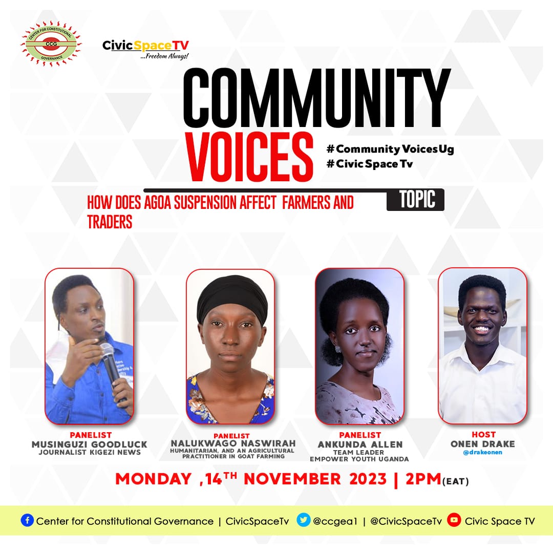 The conversation at 2:00PM on #CivicSpaceTV is on the affects of
AGOA suspension on farmers and traders in Uganda. 
#CommunityVoicesUG
@ccgea1

youtu.be/HNJH9KkNLig?si...