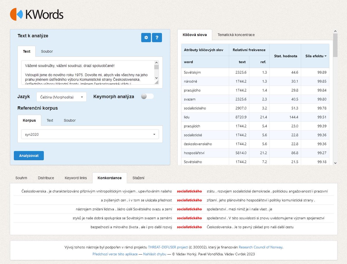 We have just released a new version of the KWords app (kwords.korpus.cz), which can analyse texts from 35+ languages, find prominent word forms/lemmas, and has a new function for keymorph analysis. All this using our parallel corpus InterCorp.