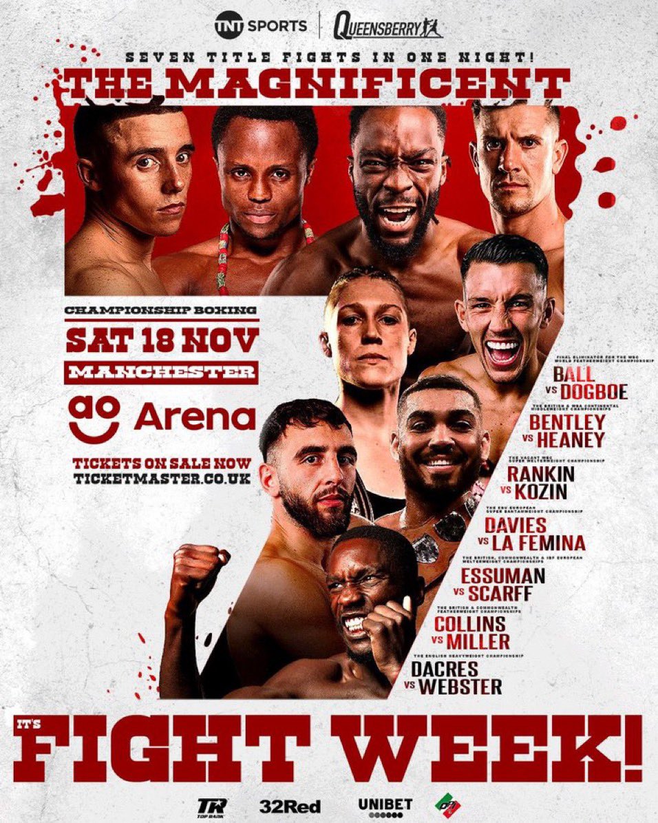🥊 Fight Week 🥊

📍 Manchester 🇬🇧 
📅 18.11.23
📺 <a href="/boxingontnt/">Boxing on TNT Sports</a> 

<a href="/nick_ball97/">Nick ball</a> v <a href="/IsaacDogboe/">Isaac Dogboe</a> 

<a href="/2Sharp_d/">Denzel Bentley</a> v <a href="/NathanHeaney/">Nathan Hitman Heaney</a> 

<a href="/Team_Rankin/">Hannah Rankin</a> v Kozin 

<a href="/Liamdavies_2/">liamdavies</a> v La Femina 

<a href="/ee_engine/">🇬🇧Ekow The Engine Essuman🇬🇭</a> v <a href="/HarryScarff/">HorribleHarryScarff</a> 

<a href="/NateCollins60/">Nathaniel Collins</a> v <a href="/ZakMiller_/">zak miller</a> 

<a href="/SolomonDacres/">Solomon Dacres</a> v Webster

#SimBoxx