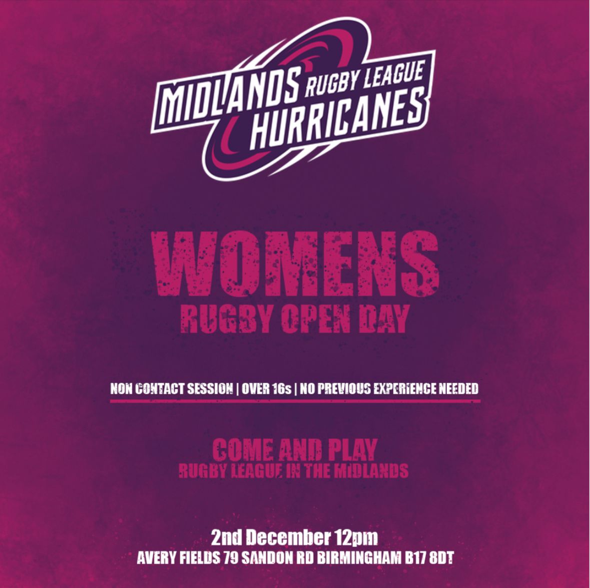 🫵 WOMEN'S OPEN DAY 🫵

🌪️ The Midlands Hurricanes will be hosting their first women's rugby league open day next month:

📅 Saturday 2 December
⌚ 12pm 
📍 Bournville RFC, Avery Fields, 79 Sandon Road, Birmingham, B17 8DT

👇 Let us know if you're interested below! 

#COYC