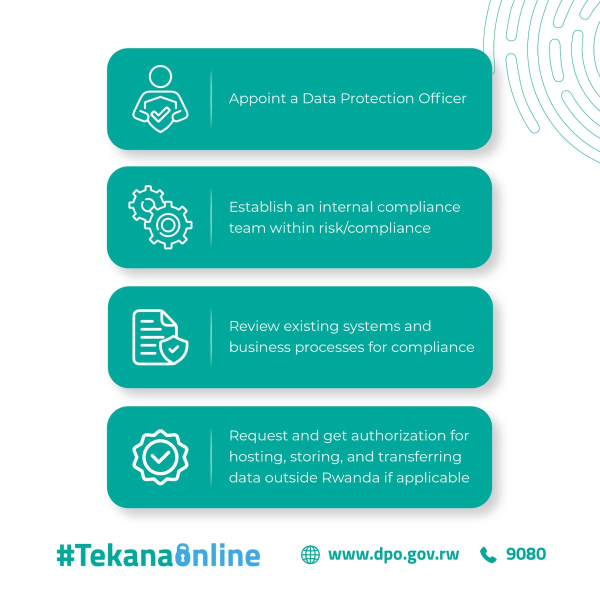 By registering as a data controller or processor and providing information about your data processing operations to the supervisory authority, you are making the first step towards compliance.

Here are some of the next key steps to the compliance journey:
#TekanaOnline