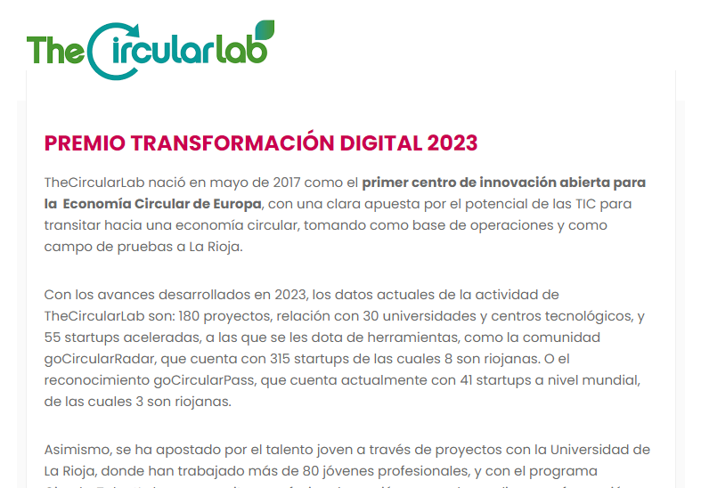 Enhorabuena !!  Premio... #aiternoche* TRANSFORMACIÓN DIGITAL 2023 * para:  **TheCircularLab** -
@TheCircularLab 

- Ver detalle en: 🏅noche-telecomunicaciones-rioja.es/premio-transfo…