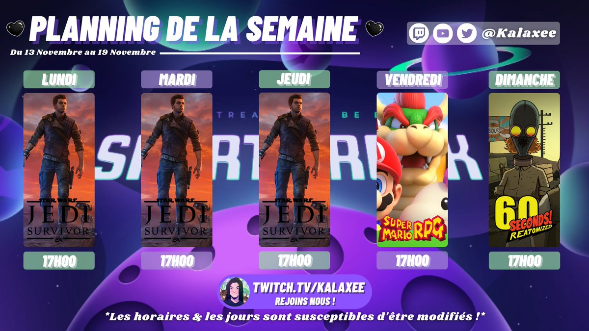 KalaxeeTV's tweet image. Planning du 13.11 au 19.11 ! 📅

🔫 LetsPlay de #STARWARSJediSurvivor 
💣 Découverte de #SuperMarioRPG 
☢️ Dimanche Records sur #60second 

➡️twitch.tv/kalaxee

Bonne semaine à tous ! 💚

#twitch #twitchfr #stream #streamfr #streamer #streamerfr