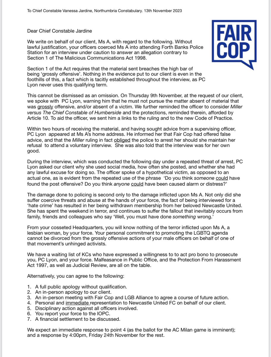 WeAreFairCop's tweet photo. We have sent the following to @CCJardineNP and @northumbriapol.

“From your cosseted HQ, you will know nothing of the terror inflicted upon Ms A, a lesbian woman, by your force. Your personal commitment to promoting the LGBTQ agenda cannot be divorced from the grossly offensive actions of your male officers on behalf of one of that movement’s unhinged activists.”