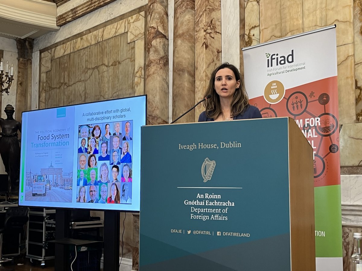 At our #IFIAD2023 Annual Conference in @dfatirl's Iveagh House, @D_E_Resnick from @BrookingsGlobal & @IFPRI gives overview of key findings from new book on: #PoliticalEconomy of #FoodSystems #Transformation PDF open access 👉 tinyurl.com/bp9emcdw #SDG2 #LeaveNoOneBehind