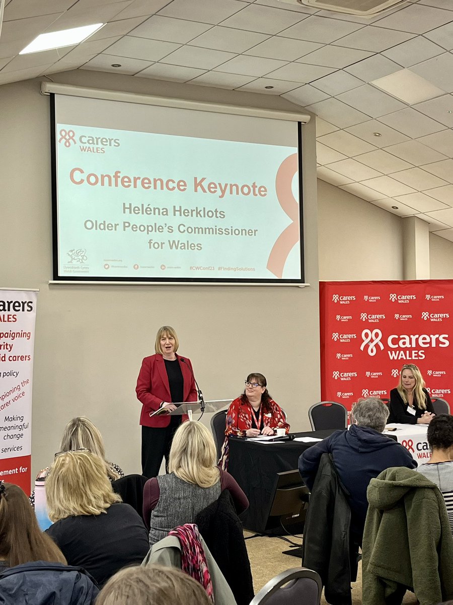 Heléna Herklots, Older People’s Commissioner for Wales @talkolderpeople, addresses the conference. She calls for greater promotion of human rights & carers rights and strengthening of rights in care home settings #CWConf23 #FindingSolutions